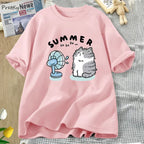 Summer Funny Cat and Fan Graphic T Shirts Women Men Cotton Short Sleeve T Shirt Harajuku Women's Clothing Female Streetwear Tops