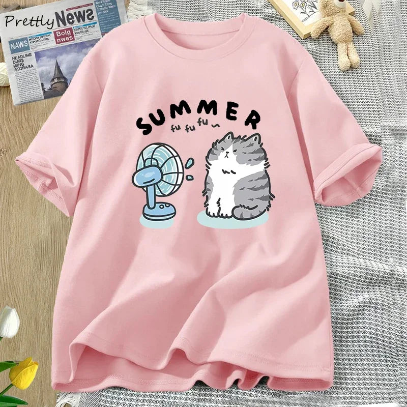 Summer Funny Cat and Fan Graphic T Shirts Women Men Cotton Short Sleeve T Shirt Harajuku Women's Clothing Female Streetwear Tops
