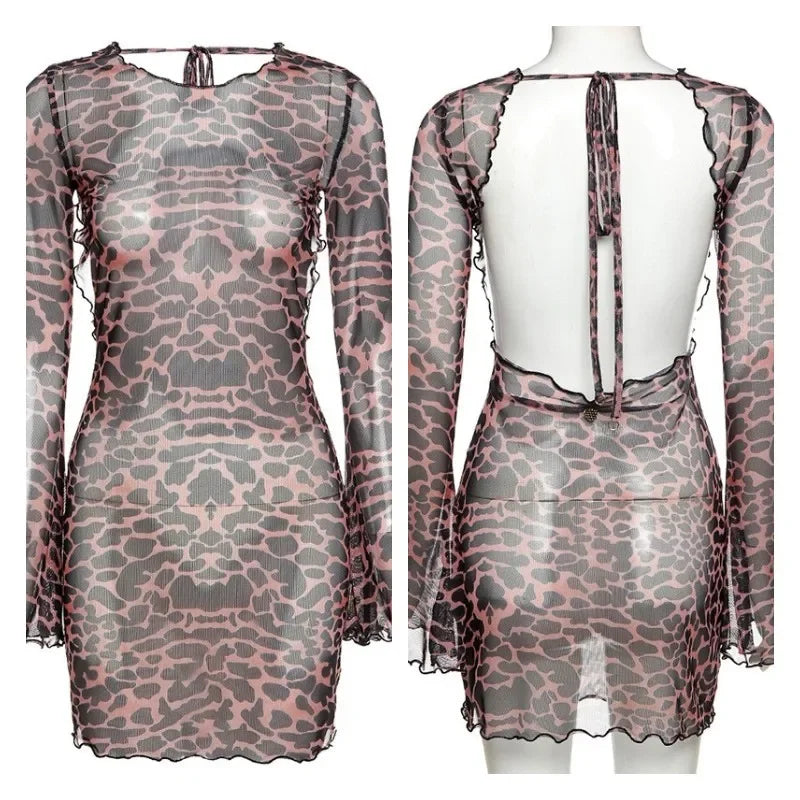 Combhasaki Women's Summer Mesh Leopard See-throug Tie-up Backless Mini Dress Flare Long Sleeve Beach Vacation Cover-ups Sundress