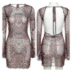 Combhasaki Women's Summer Mesh Leopard See-throug Tie-up Backless Mini Dress Flare Long Sleeve Beach Vacation Cover-ups Sundress