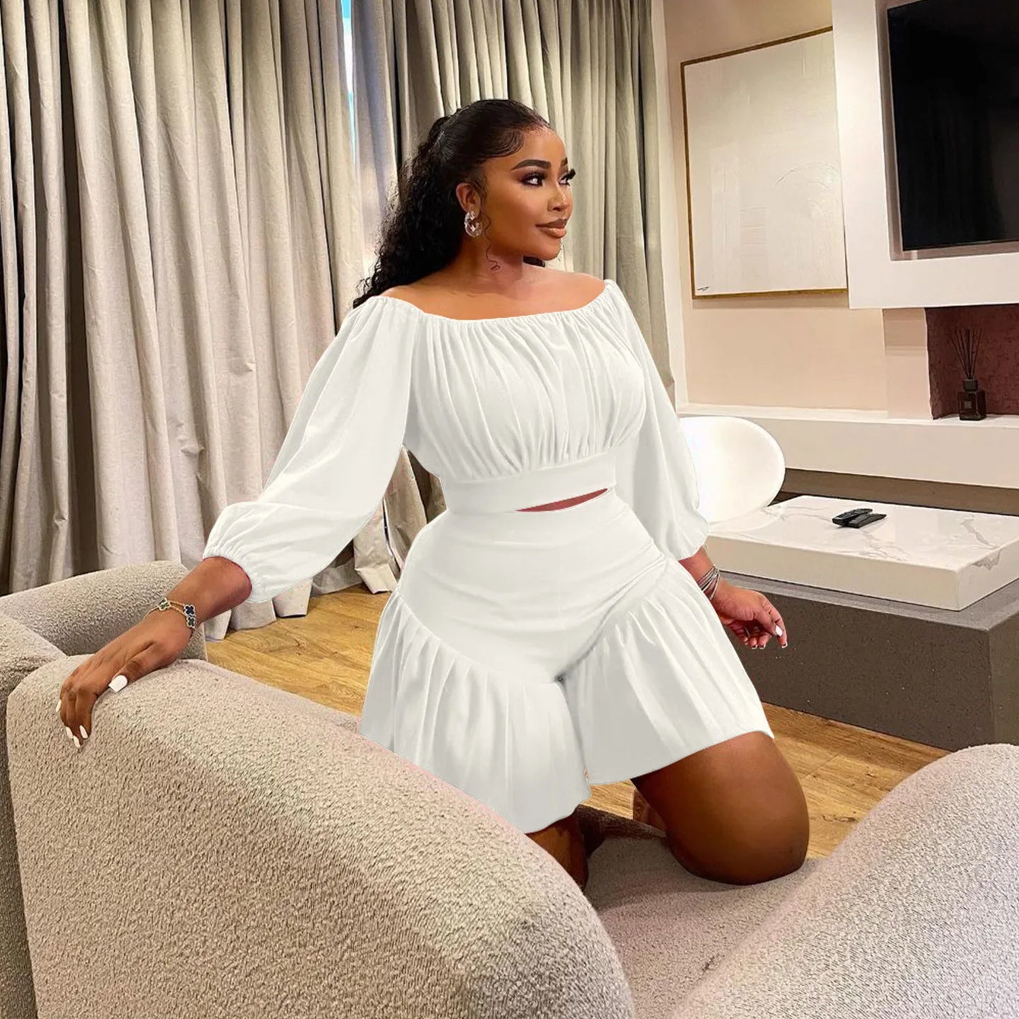 CM.YAYA Plus Size Women's Set Long Sleeve Slash Neck T-Shirt and Shorts 2025 Summer Ruched Two 2 Piece Set Outfits Tracksuit