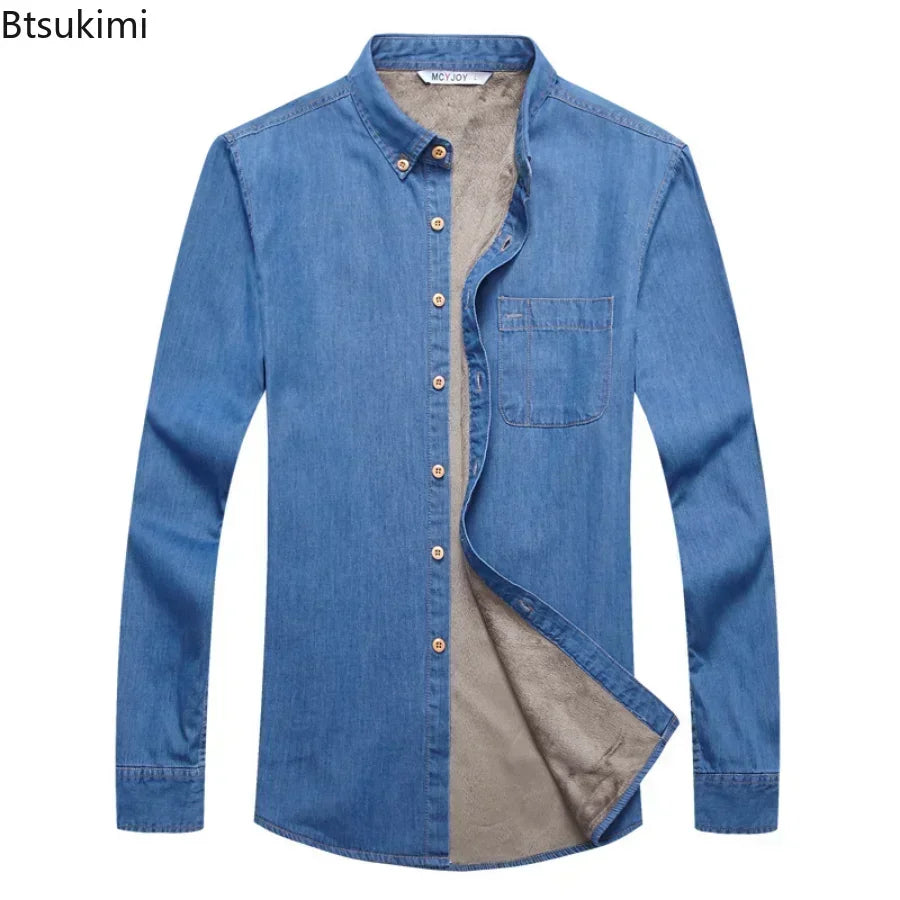 New 2025 Autumn Winter Warm Denim Jeans Dress Shirt Men Fleece Lined Velvet Shirts Button Down Brand Male Bottoming Men's Shirt