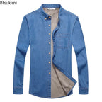New 2025 Autumn Winter Warm Denim Jeans Dress Shirt Men Fleece Lined Velvet Shirts Button Down Brand Male Bottoming Men's Shirt