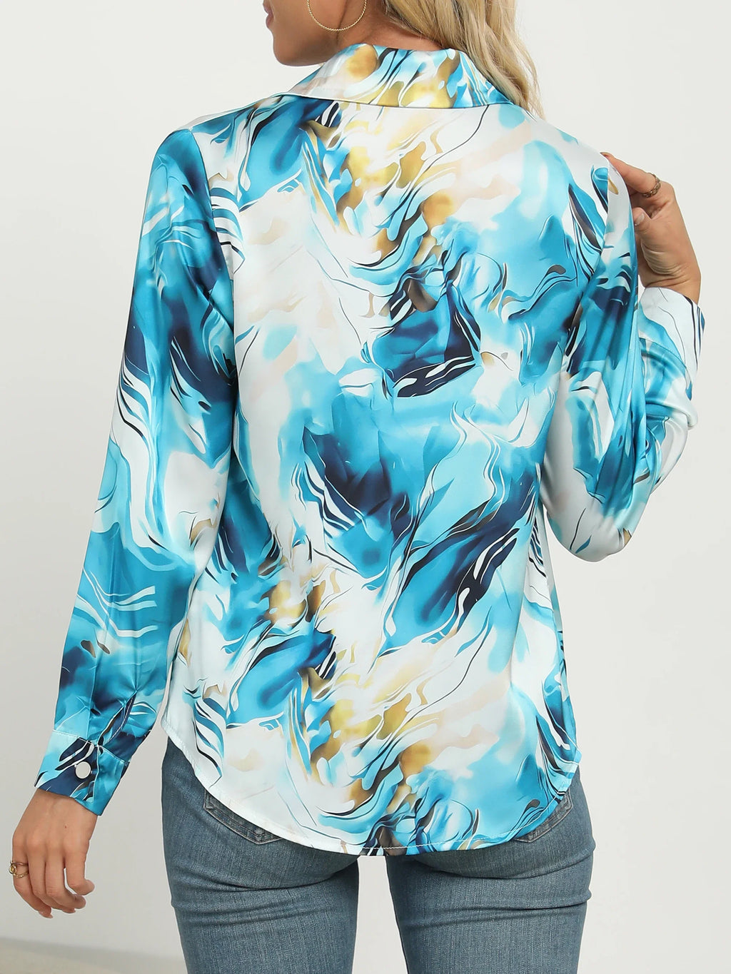 Women's Elegant Marble Print Long Sleeve Work Shirt  Spring & Summer Long Sleeve Tops
