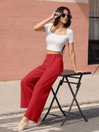 TACVASEN High Waisted Fashion Wide Leg Trousers Womens Loose Casual Long Pants Lightweight Soft Button Closure 2 Pockets Pants