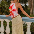 Floral Print Halter Neck Crop Top with Tie-up Detail and Open Back Sleeveless Summer Streetwear for Women
