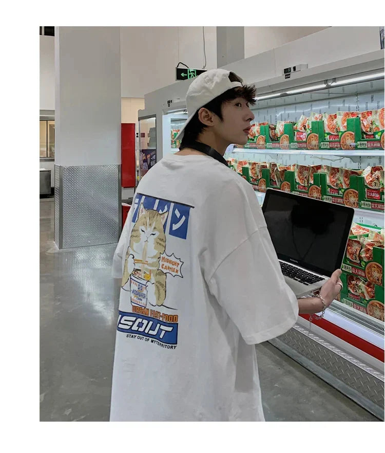 Harajuku Cat Cartoon Eating Noodles Graphic Men Women Tshirts Casual Short Sleeve Tees Japan Style Oversized T Shirt Clothing