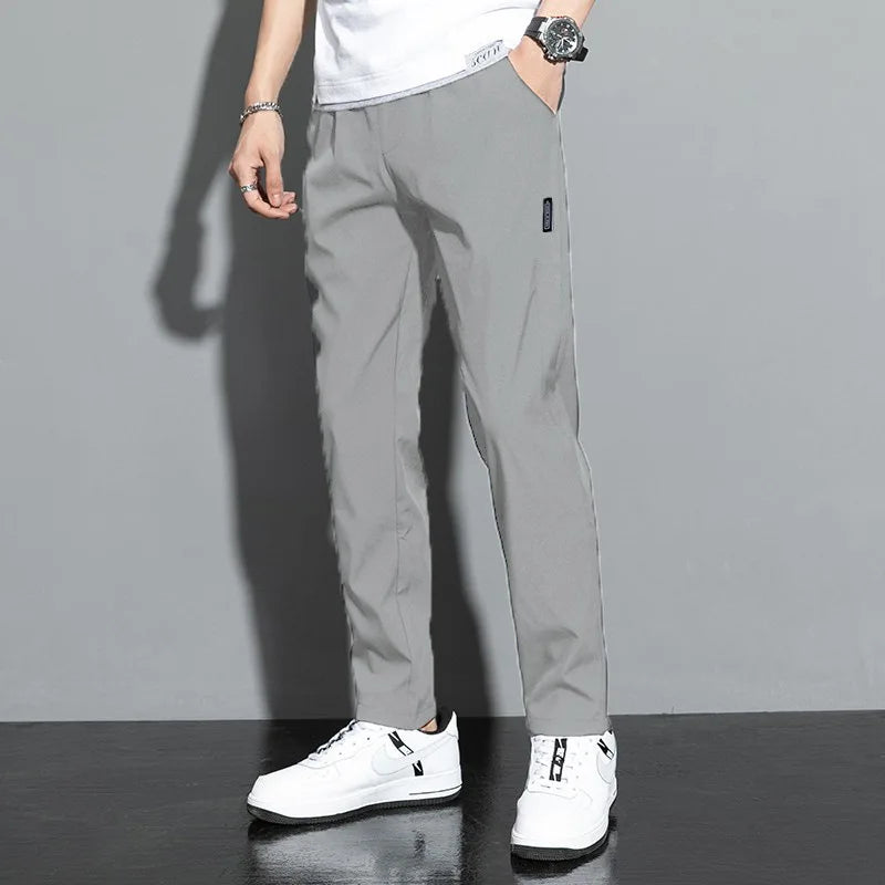 Ice Silk Men's Pants 2023 Summer New Black Gray Thin Business Casual Pants Outdoor Elastic Breathable Straight Leg Sweatpants