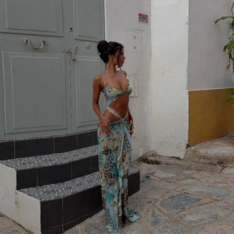 Women Sexy Printed Vestidos Chic Sleeveless Hollow Out Halter Bodycon Mini Dress 2025 Ladies Beach Seaside Vacation Bohemia Wear
