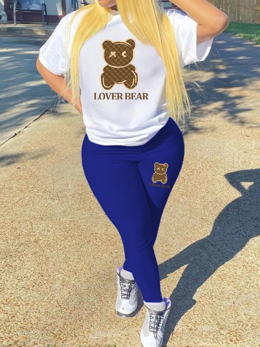 LW Plus Size Women Two Piece Tracksuits 23 Digital Print Skinny Pants Set  short Sleeve Sweatshirt +Skinny Pants Set Women Track