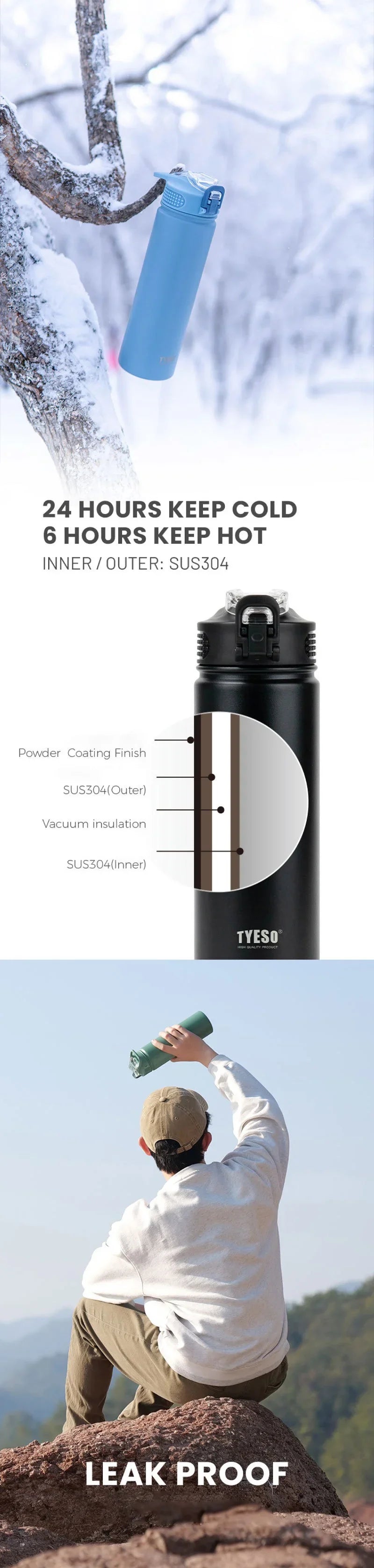 Tyeso 600ML/750ML Stainless Steel Thermos Bottles Car Insulated Cups with Straw Keeps Cold and Heat Portable Sport Thermal Mugs