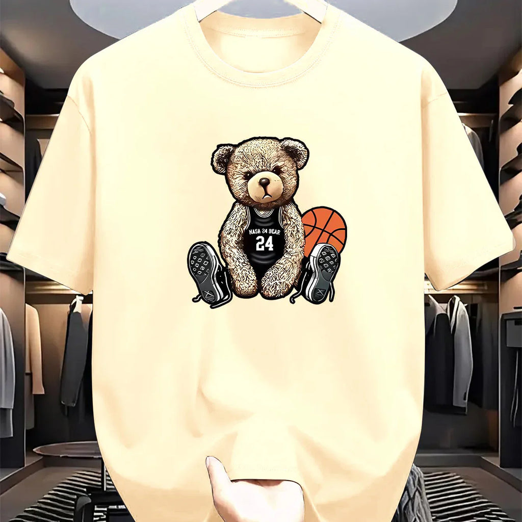 Men's summer 100% pure cotton fashionable casual loose plus size Leisure Bear printed sports round neck short sleeved T-shirt