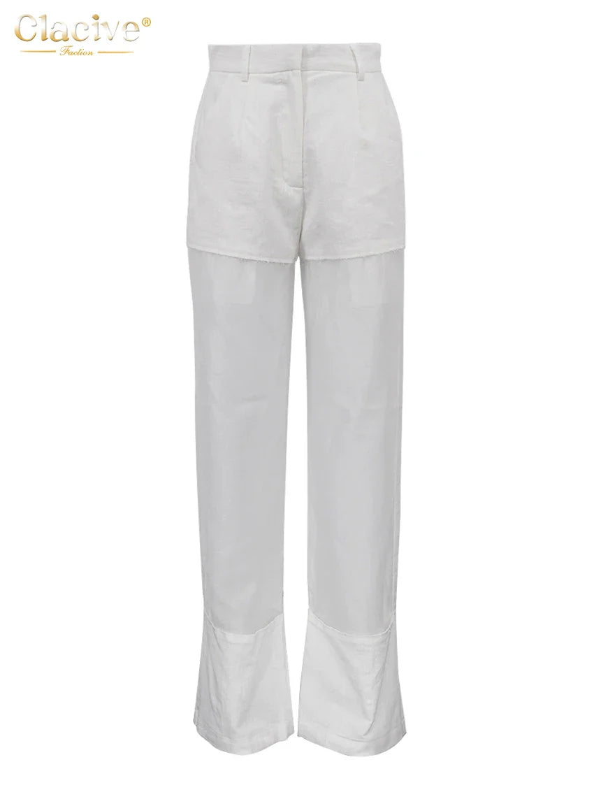 Clacive Fashion Loose White Cotton Women's Pants 2025 Elegant High Waist Wide Trousers Vintage Classic Patchwork Pants Female