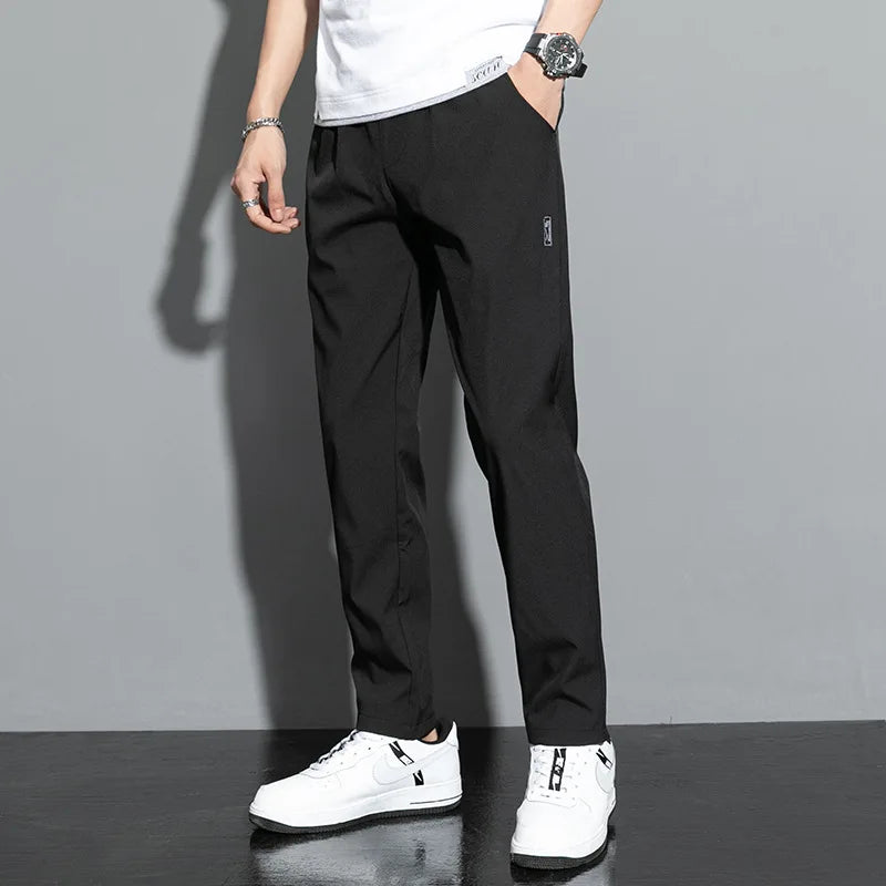 Ice Silk Men's Pants 2023 Summer New Black Gray Thin Business Casual Pants Outdoor Elastic Breathable Straight Leg Sweatpants