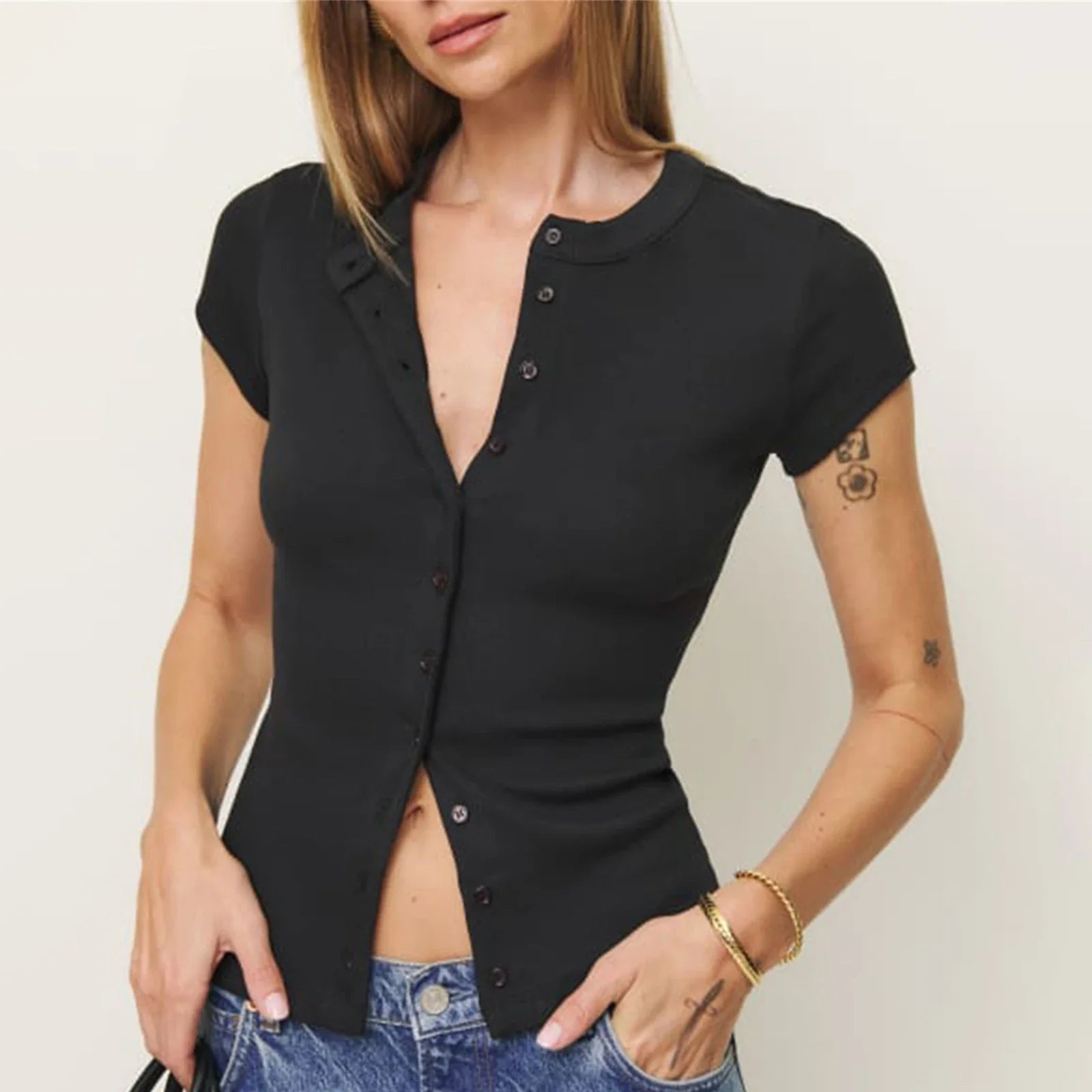 Women Knit Button Up Shirts Summer Crop Tops Short Sleeve Round Neck Solid T-shirt Slim Fit Tees Vintage Grunge Tee Streetwear