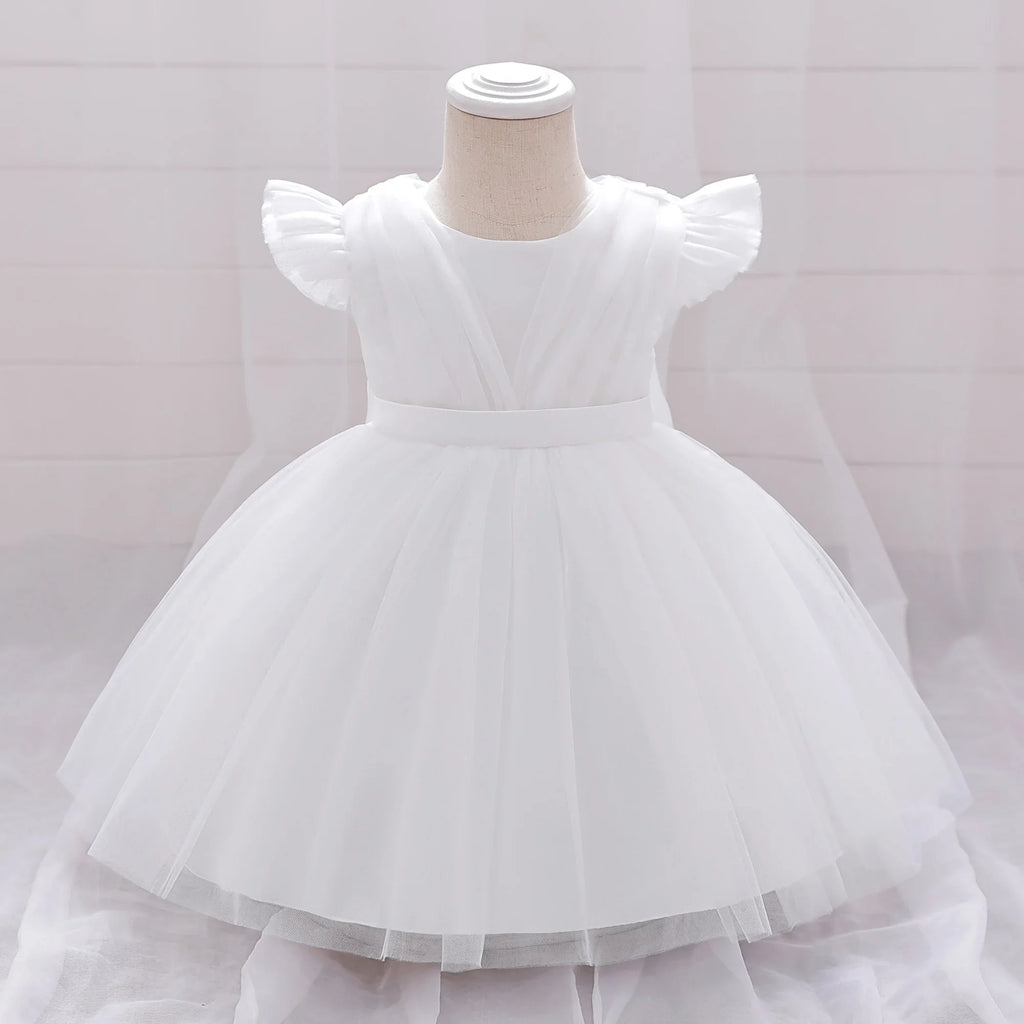 Toddler Bow White Baptism Party Baby Girl Dress Fly Sleeves 1st Birthday Wedding Princess Dresses Tutu Lace Evening Kids Clothes