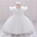 Toddler Bow White Baptism Party Baby Girl Dress Fly Sleeves 1st Birthday Wedding Princess Dresses Tutu Lace Evening Kids Clothes