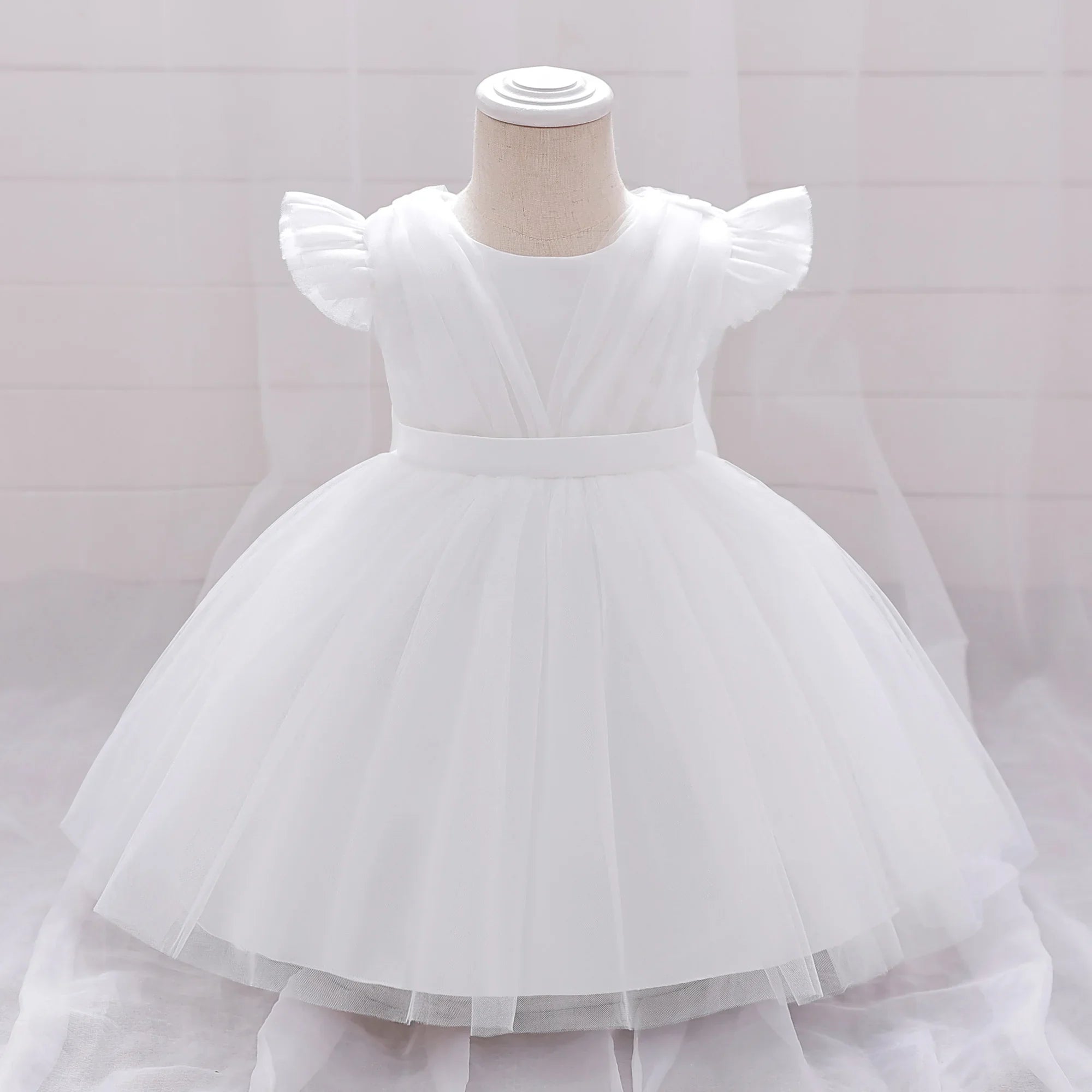 Toddler Bow White Baptism Party Baby Girl Dress Fly Sleeves 1st Birthday Wedding Princess Dresses Tutu Lace Evening Kids Clothes