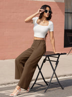 TACVASEN High Waisted Fashion Wide Leg Trousers Womens Loose Casual Long Pants Lightweight Soft Button Closure 2 Pockets Pants