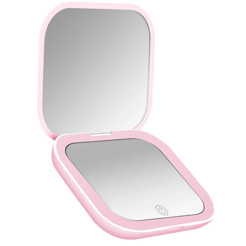 Compact Mini Gift Vanity Folding Cosmetic Mirror with Lights Portable Hand Held Small Pocket Travel Makeup Mirror 2X magnifying