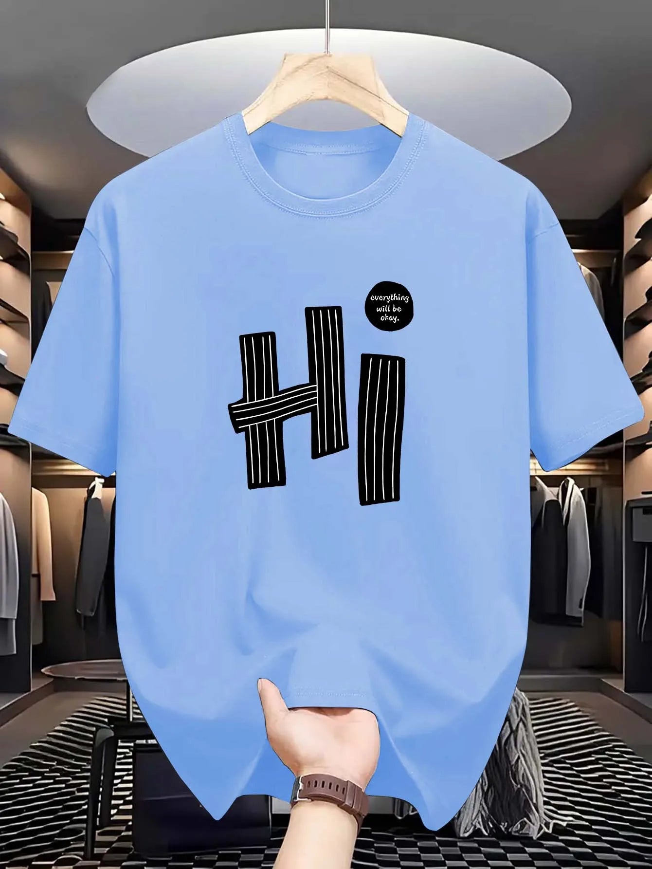 Summer men's 100% pure cotton casual loose fit plus size hi letter pattern  printed round neck short sleeved T-shirt top