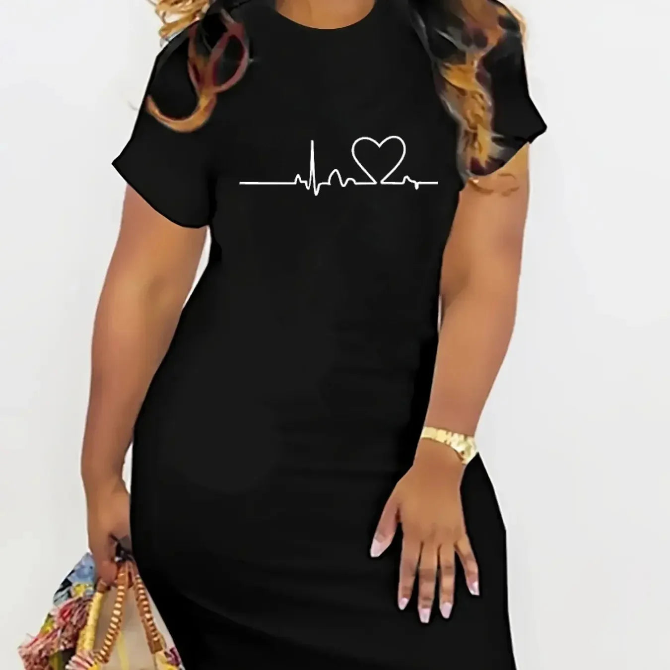 Women's summer casual Q Heart print letter print loose size round neck short sleeved T-shirt dress Oversize Loose   High Street