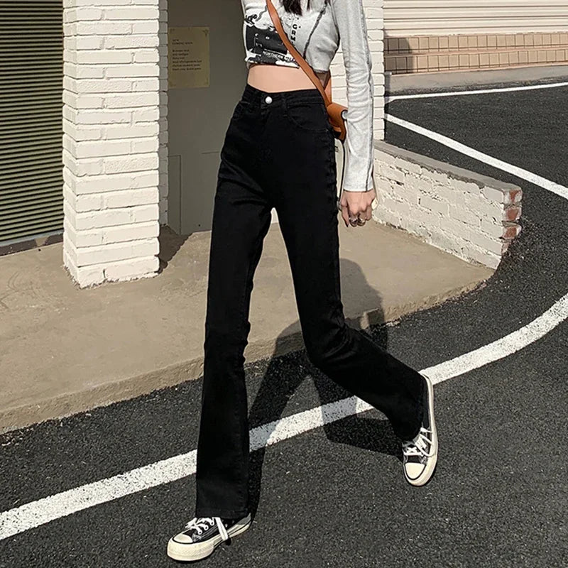 Woman American High Waist Slim Fit Bell Bottom Jeans Female Fashion Y2k Flare Pants Girls Elastic Designer Black Denim Trousers