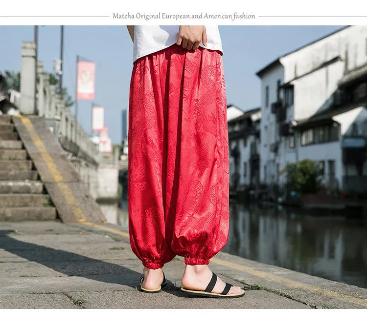 FGKKS 2023 Outdoor Brand Pants For Men Lce Silk Dragon Dark Flower Loose Bloomers High Quality Wide Leg Casual Trousers Male