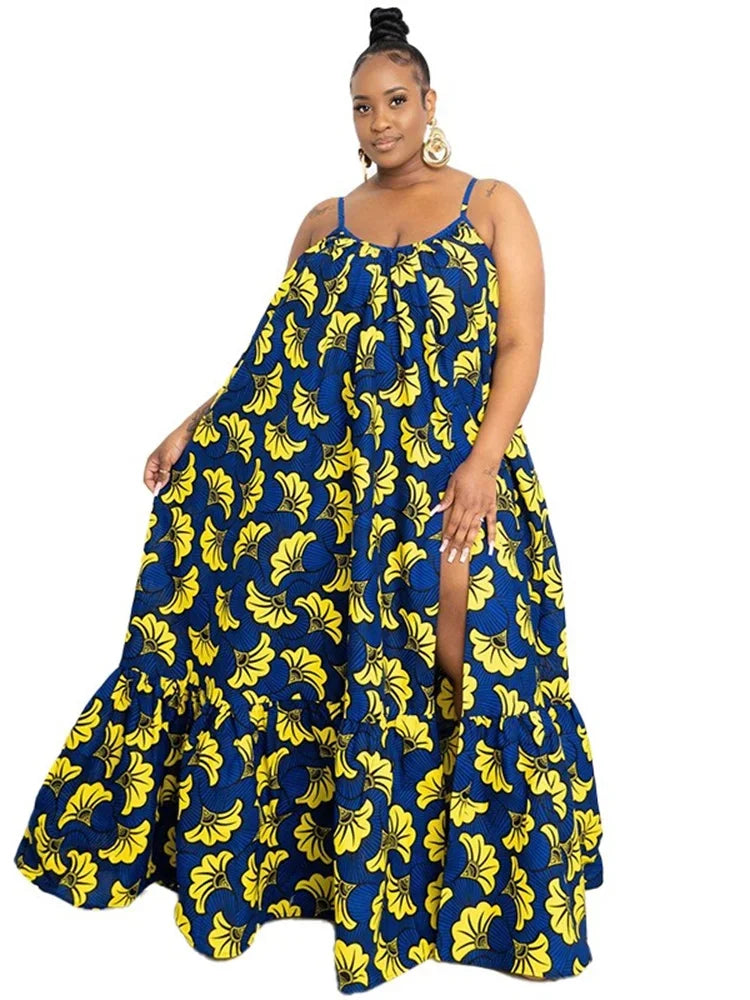 Wmstar Plus Size Dresses for Women Floral Printed Slip  Loose Stretch Big Swing Maxi Dress Summer Clothes Wholesale Dropshipping