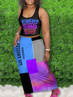 LW Plus Size Casual Outfits Two Piece Set Women's Letter Print Round Neck Crop Tank Top & Slim Fit Maxi Skirt