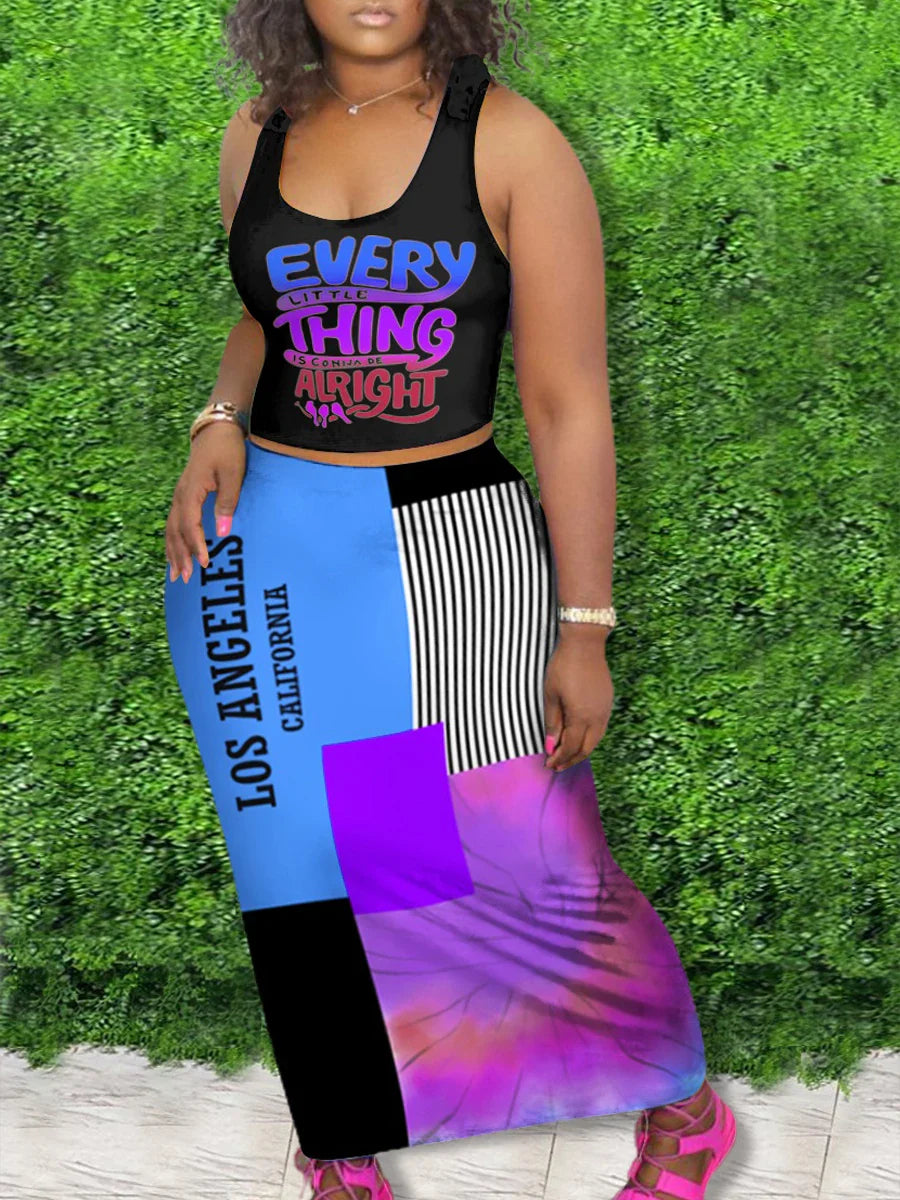 LW Plus Size Casual Outfits Two Piece Set Women's Letter Print Round Neck Crop Tank Top & Slim Fit Maxi Skirt