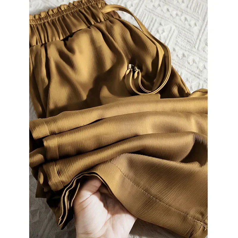 High Quality Wide Leg Pants Women Vintage Drawstring High Waist Satin Silk Pants Woman Casual Loose Straight Trousers