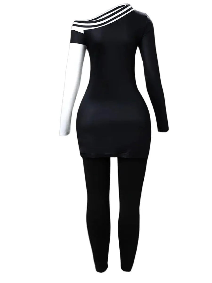 LW Plus Size Two piece set Figure Print Striped Split Pants Set One Shoulder Long Sleeve sexy women suit Streetwear Tracksuit