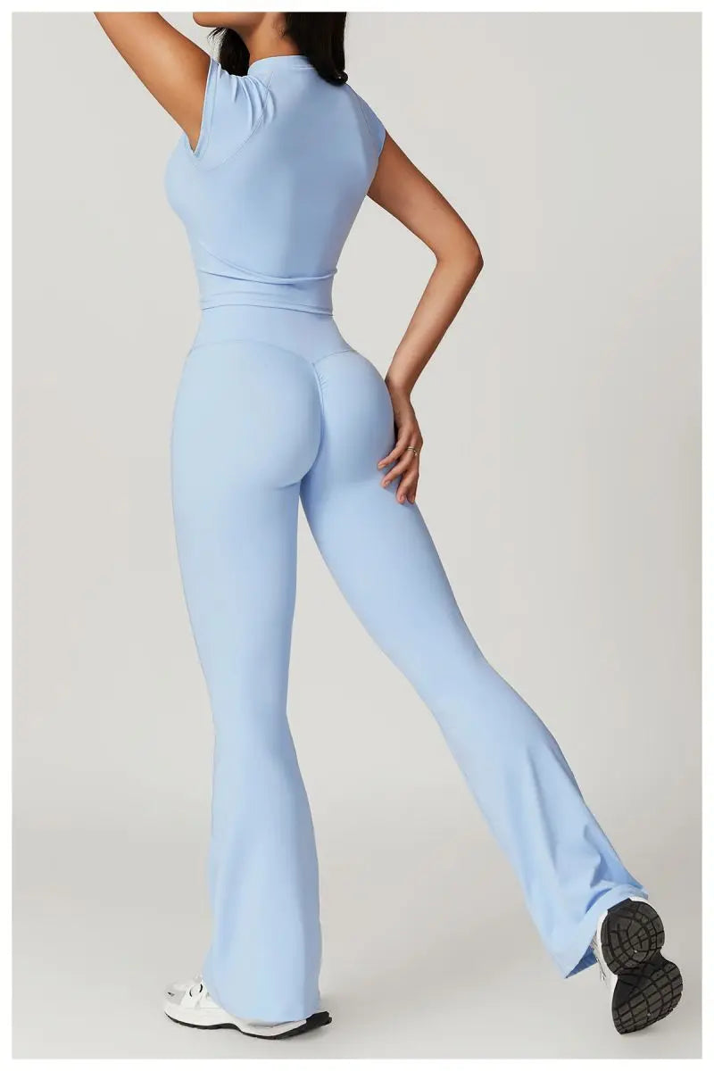 Two Piece Short Sleeve Sport Yoga Set Outfit Fitness Gym Set Workout Clothes for Women Flare Leggings Sportwear Women Tracksuit