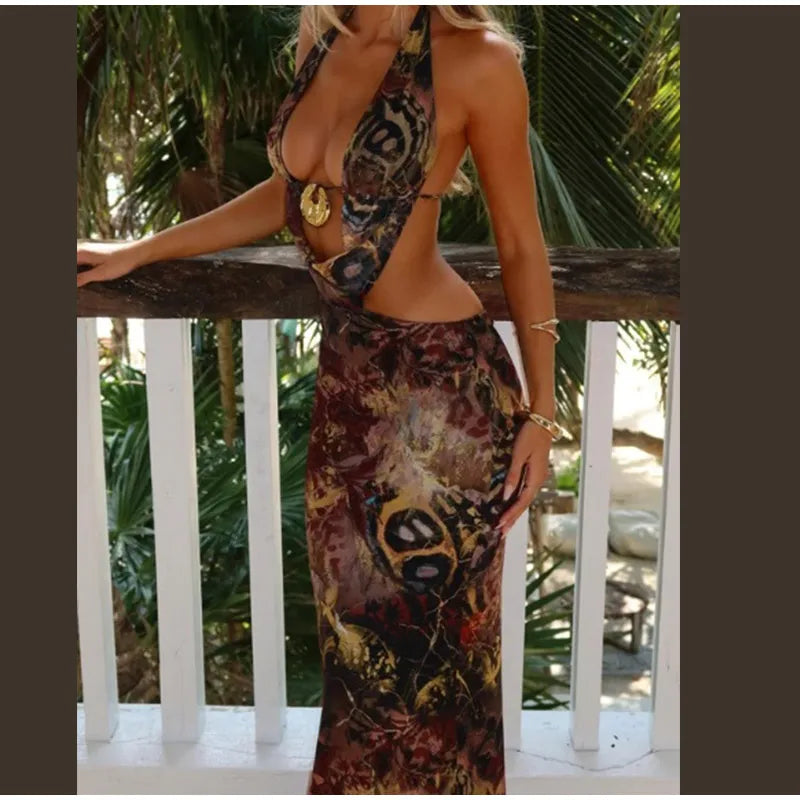 Women Sexy Printed Vestidos Chic Sleeveless Hollow Out Halter Bodycon Mini Dress 2025 Ladies Beach Seaside Vacation Bohemia Wear