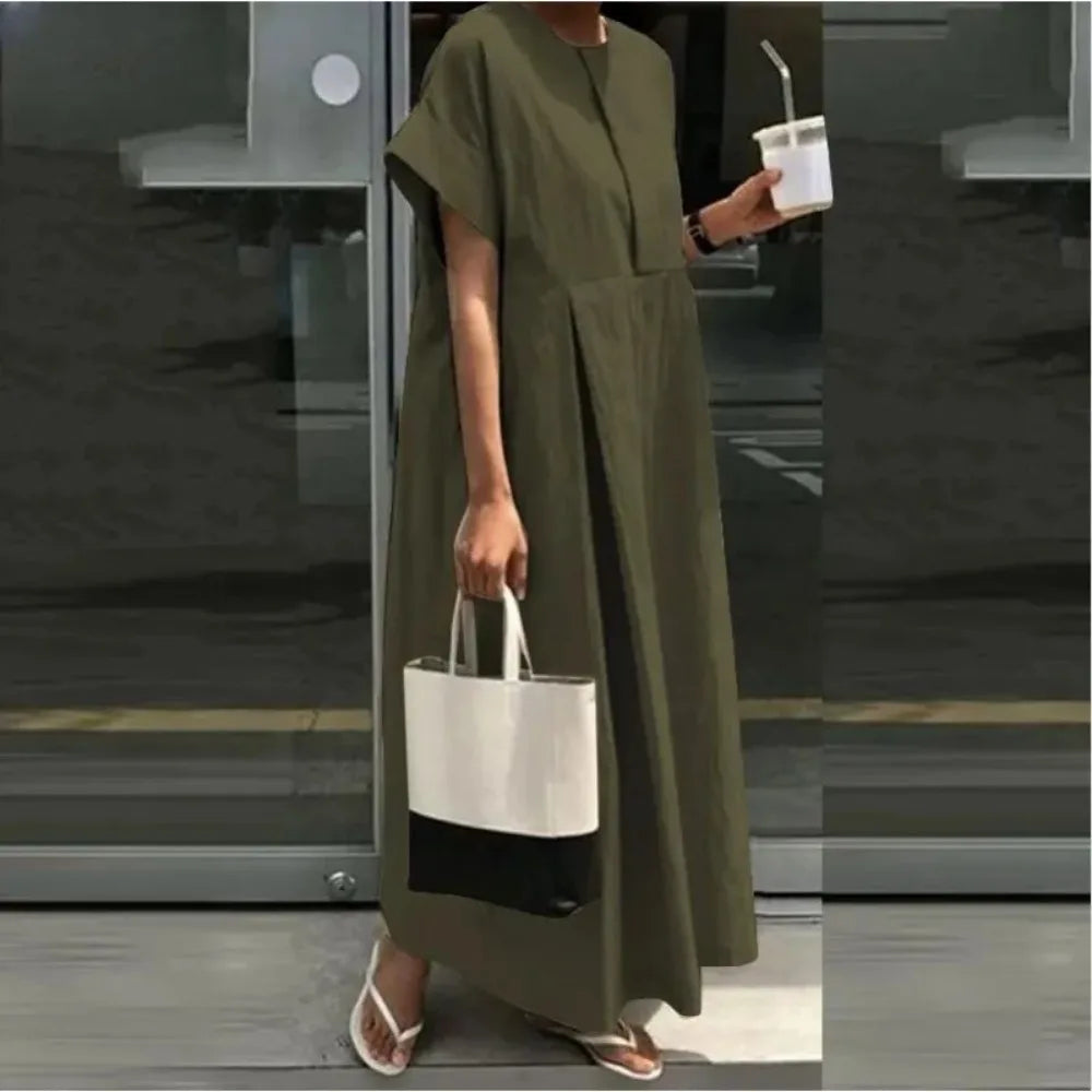 Large Size Women's L-5XL Plus Size Loose Cotton Dress Round Neck Solid Color Long Dress College Style Short Sleeved Loose Casual