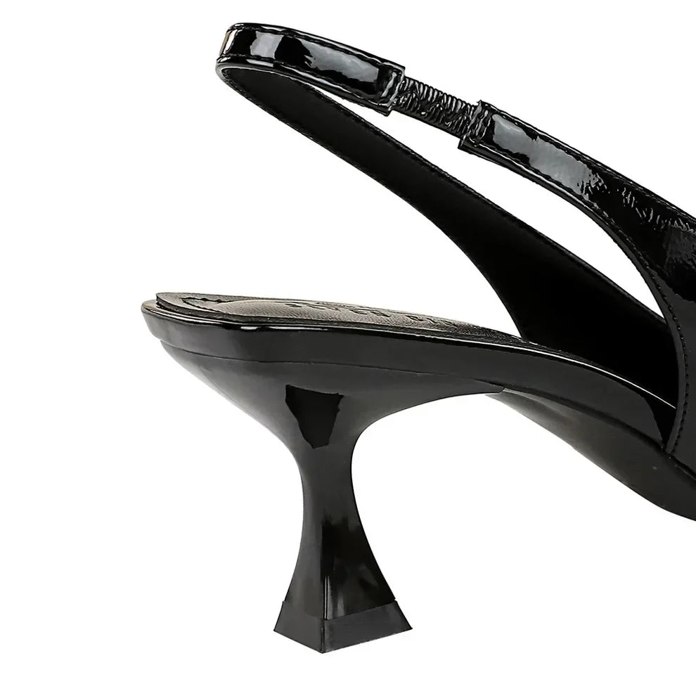 Women 6cm High Heels Retro Streetwear Catwalk Sandles Lady Daily Work Slingback Strap Elastic Mid Heels Glossy Leather Sandals