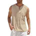 Men's Casual Shirts Leeveless Vest Bandage Lace Up Blouse Retro V Neck Fashion Loose Shirt Male Solid Color Clothes