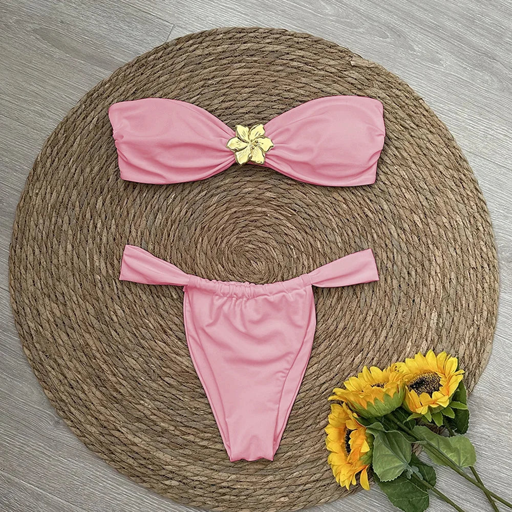 Bandeau Bikini Push Up Women Swimsuits 2025 Sexy Female Swimwear Brazilian Bikini Set Thong Biquini Swim Suits Solid Beachwear