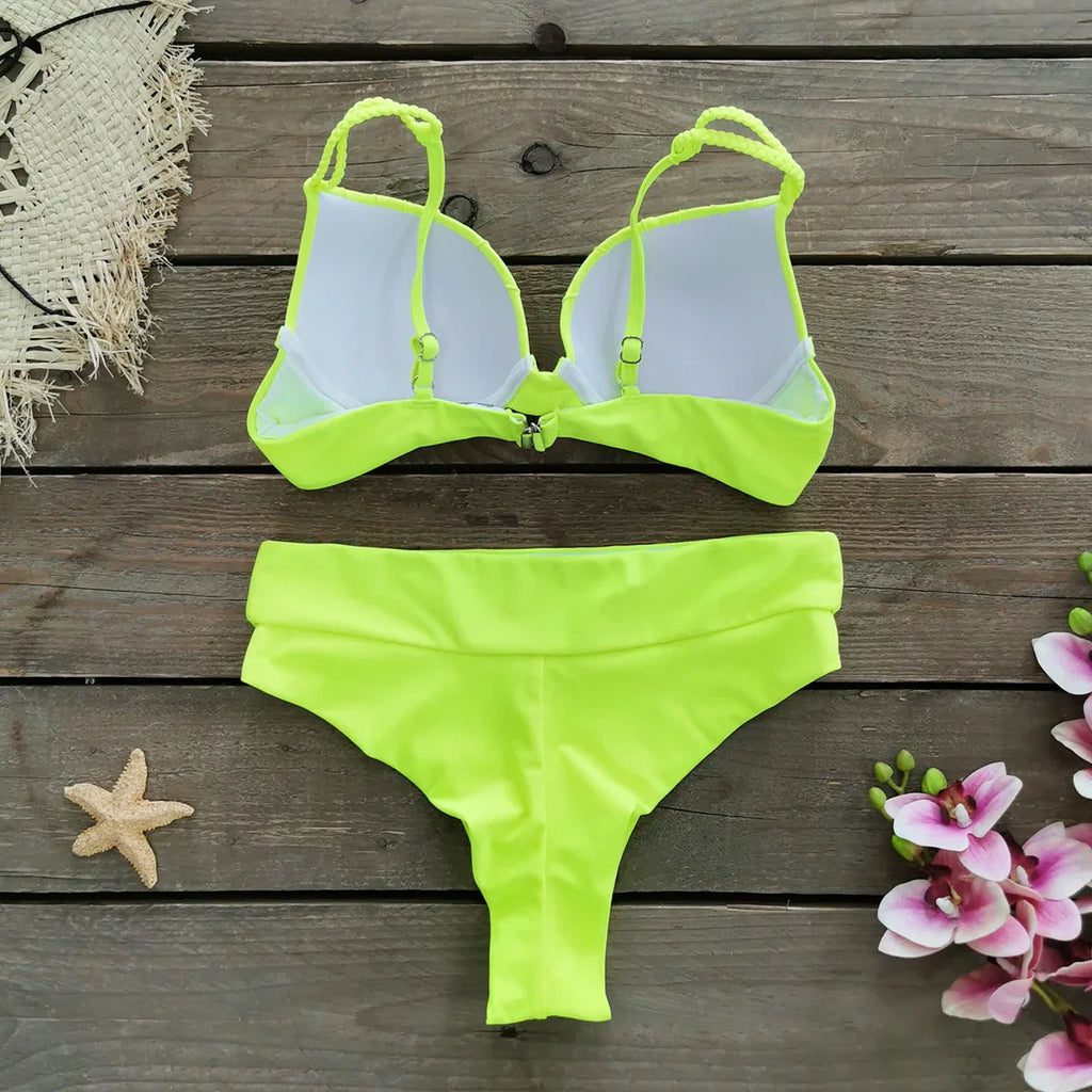 Cheap Push Up Bikinis Women Swimsuits  Solid Padded Women Swimwear Vintage Female Swimsuit High Waist Biquini Bathing Suit