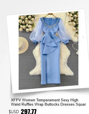 XFPV 2025 Summer Fashion Short Sleeve Round Neck High Waistband Slim A-line Denim Printed Patchwork Dress For Women SM11498