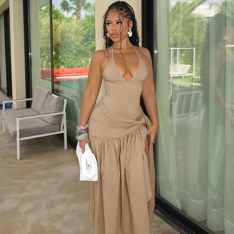 Women Sexy Cut Out Dress Sets Halter Deep V Neck Bodysuit and Tie Maxi Long Skirt Set 2025 Summer Two 2 Piece Vacation Outfits