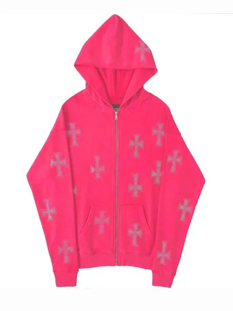 European and American loose top cross hot diamond hoodie women's high street Harajuku retro hip hop zipper Y2K hooded sweatshirt