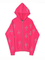European and American loose top cross hot diamond hoodie women's high street Harajuku retro hip hop zipper Y2K hooded sweatshirt