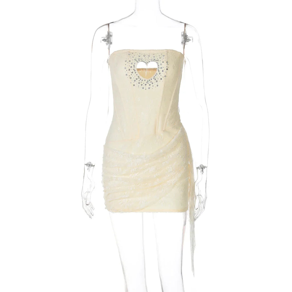 Woman Clothing Rhinestones Loving Heart Cut Out Party Dress Chic Strapless Off Shoulder Bandage Short Evening Gowns Club Dress