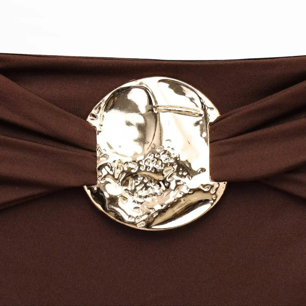 ZBZA Women's Sexy Jumpsuit Gold Button Pleated High Elastic Holiday Beach Solid Color Slim Fit Top Summer New Female Chic Top