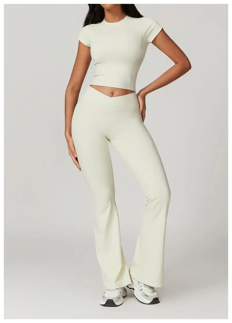 Two Piece Short Sleeve Sport Yoga Set Outfit Fitness Gym Set Workout Clothes for Women Flare Leggings Sportwear Women Tracksuit