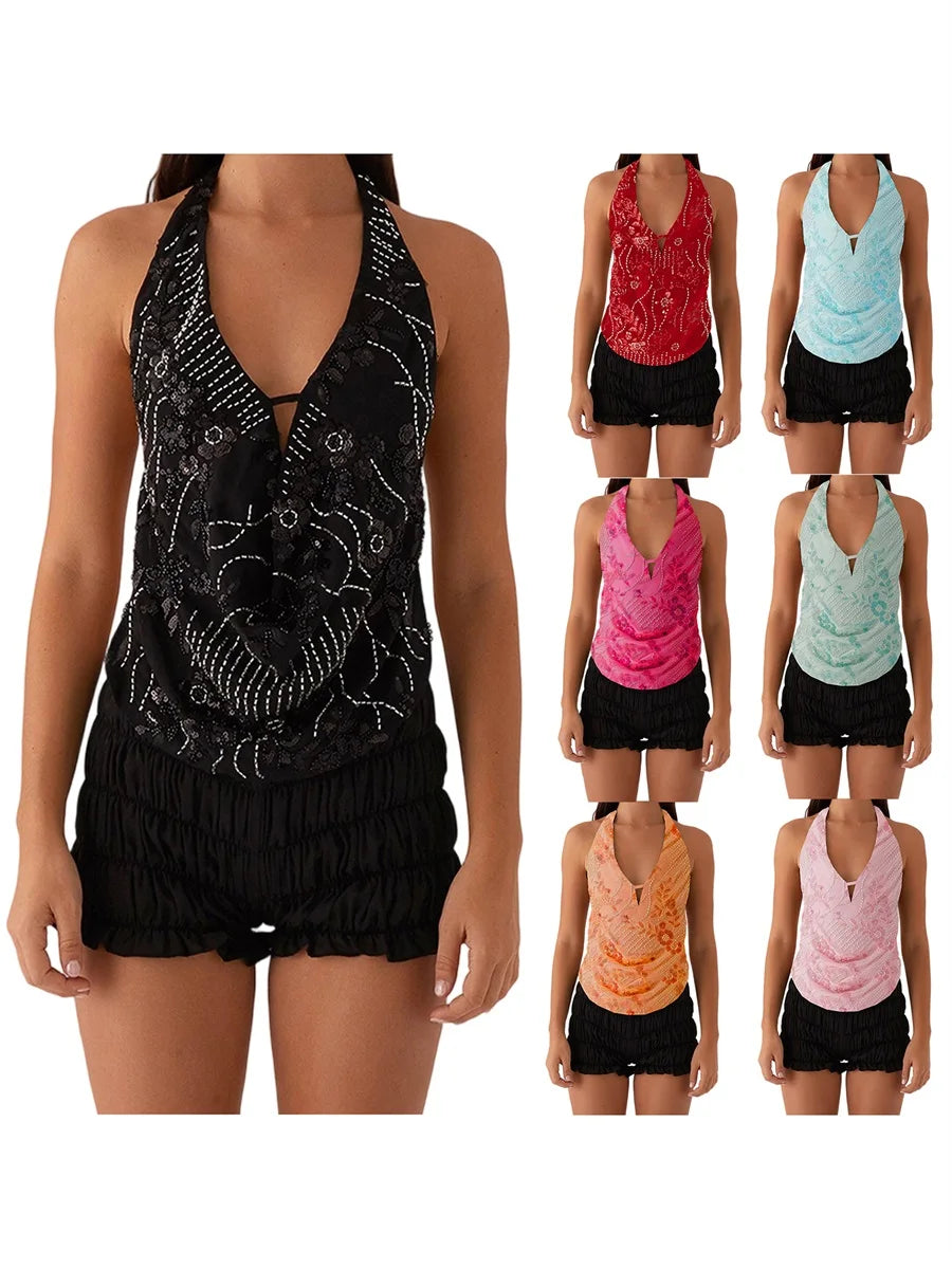 Elegant  Sequins Patchwork Women Halter Tops Summer Beaded Floral Pattern Backless Shirts Vest for Streetwear Aesthetic  Clothes