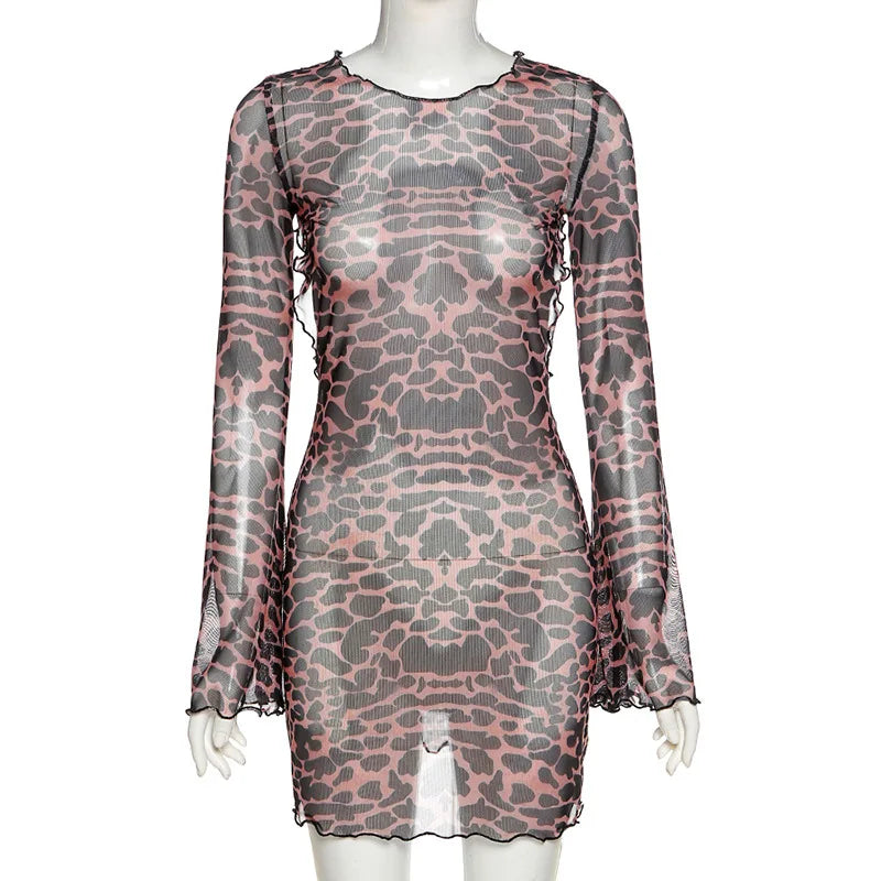 Combhasaki Women's Summer Mesh Leopard See-throug Tie-up Backless Mini Dress Flare Long Sleeve Beach Vacation Cover-ups Sundress