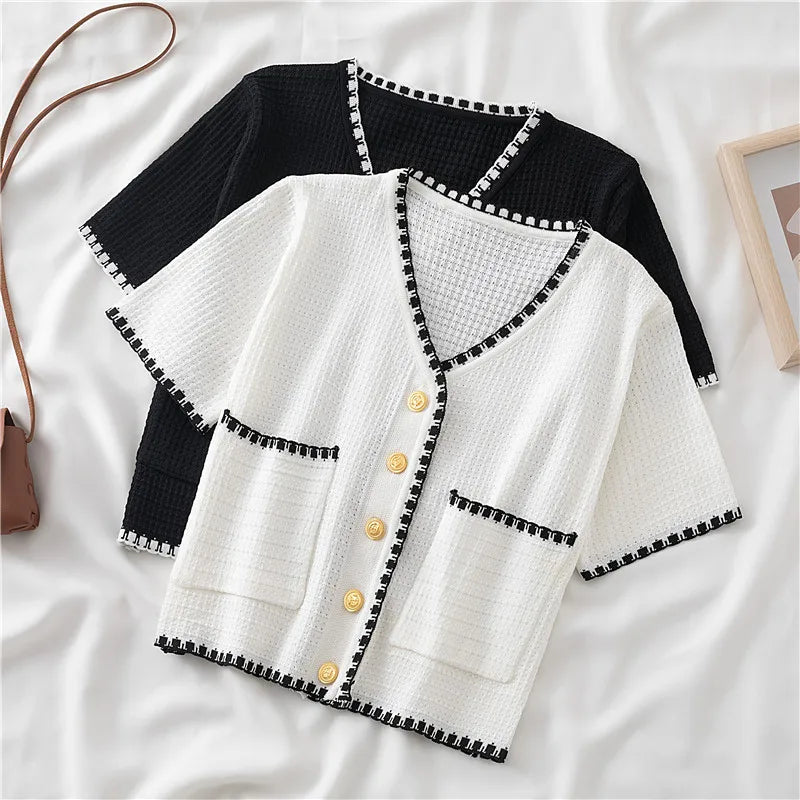 Summer Women New Solid V-Neck Casual Crop Top Single-breasted Pocket Patchwork Cardigan Versatile Loose Short Sleeve Shirts 2025